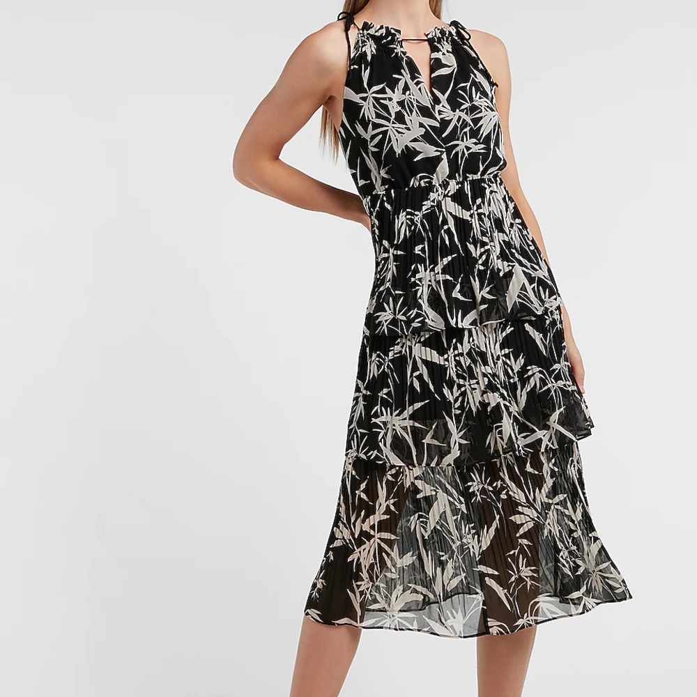 Tropical Print Tiered Midi-Dress